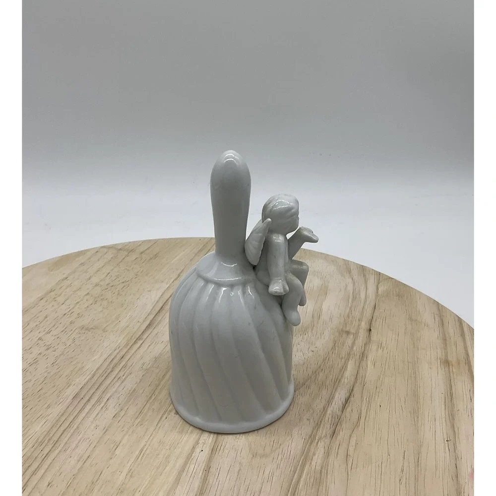 White‎ Ceramic Angel Bell Figurine Cherub Sitting On Bell Decorative Collectible